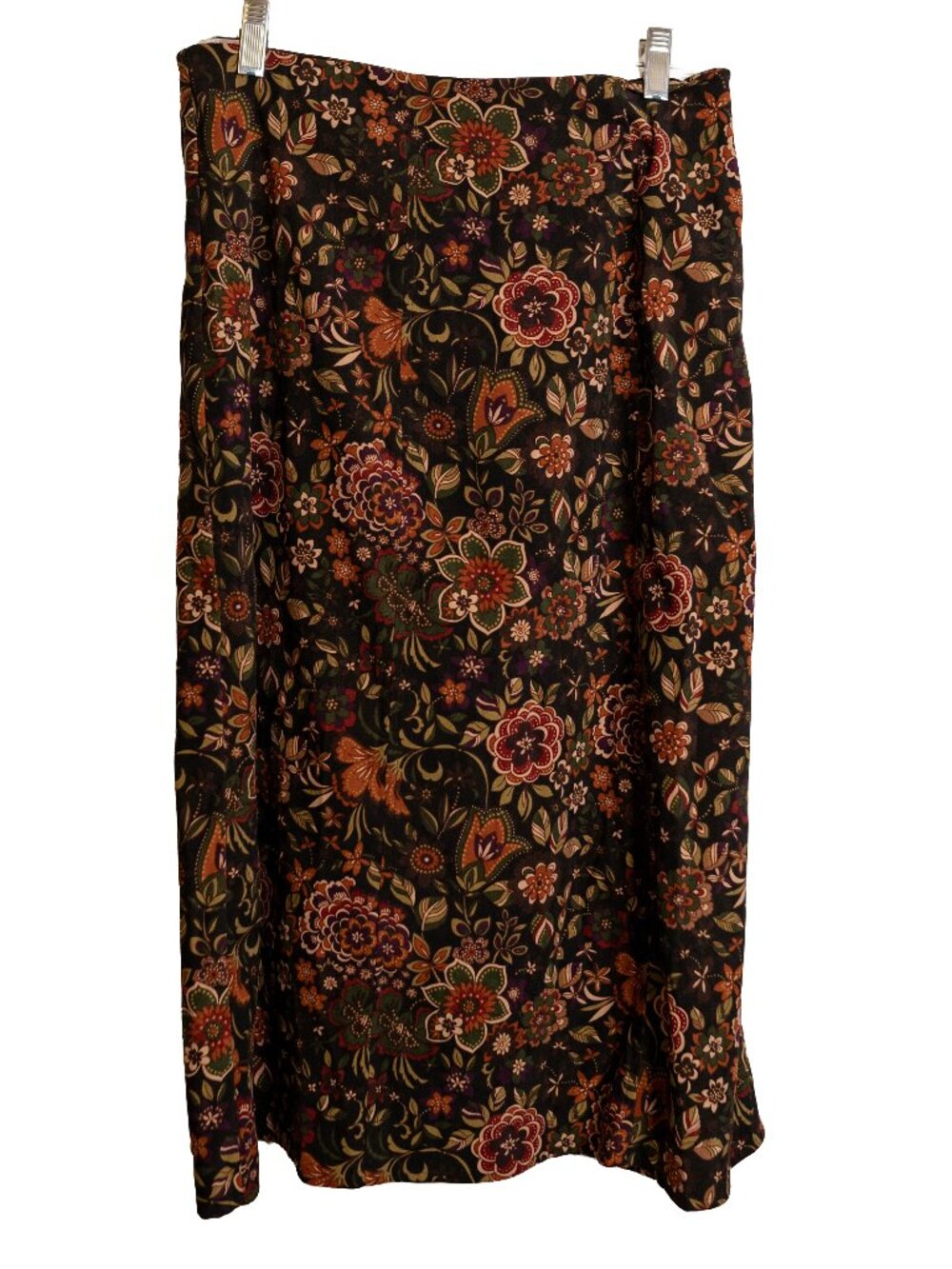 Notations Suede Floral Midi Skirt - Brown Green Red Tan - Size PL